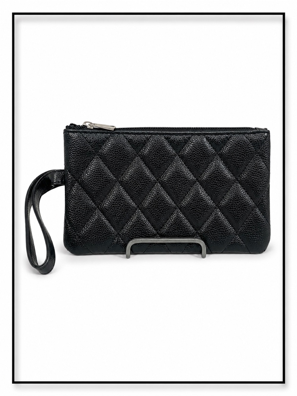 Like New Black Quilted Faux Leather Wristlet Clutch Pouch
